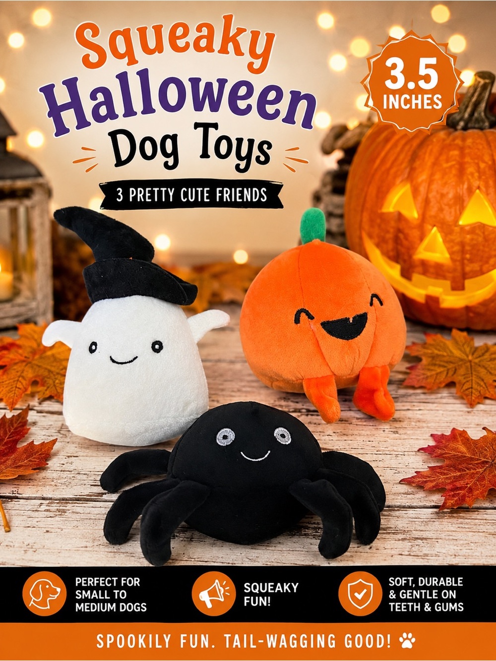 Halloween Plush Squeaky Dog Toy Set - White Ghost, Orange Pumpkin, Black Spider
